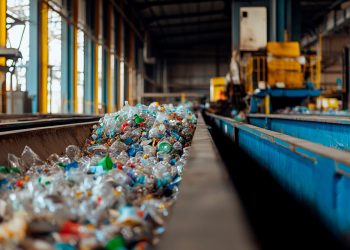 Workers process a large collection of colorful plastic bottles and containers in a recycling facility. The bright space buzzes with activity, showcasing the importance of environmental efforts.